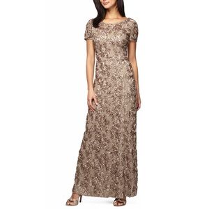 ALEX EVENINGS Sequin Floral Lace Ribbon Rosette Gown